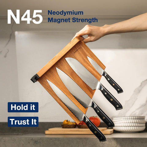 Gourmetop acacia wood knife block highlights natural grain and edge-friendly storage.