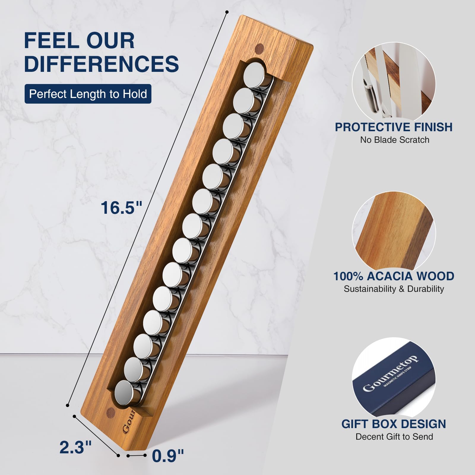 Gourmetop acacia wood knife strip adds warm, natural texture.