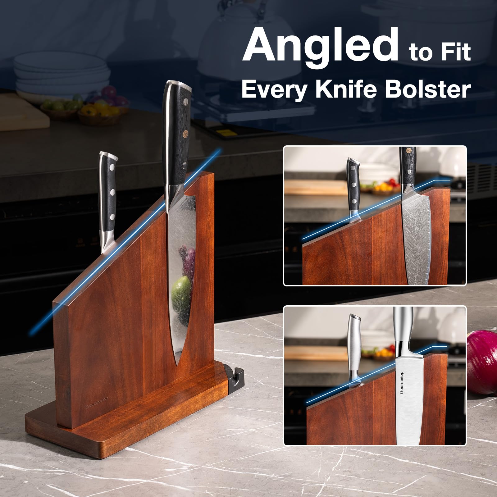 Gourmetop angled-top design fits different knife shapes for easy access