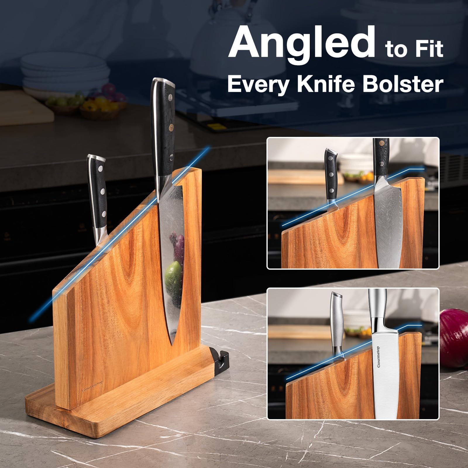 Gourmetop angled-top knife block accommodates various knife shapes for versatile storage.