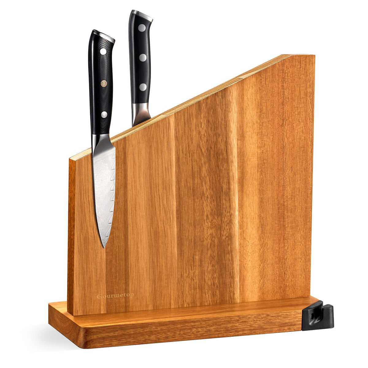 Gourmetop magnetic knife holder with built-in sharpener showing strong blade grip and convenience.