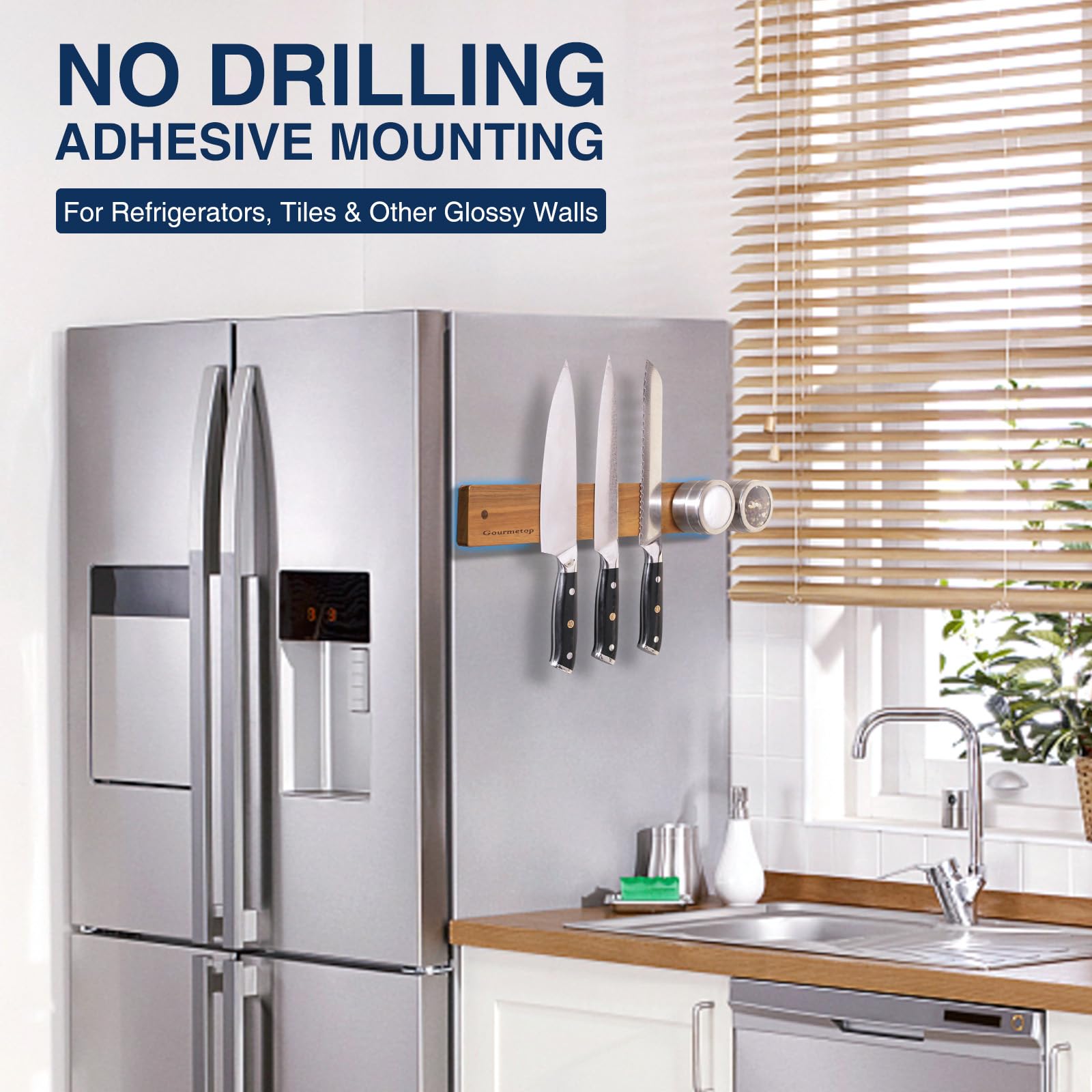 Gourmetop no-drill adhesive mount on glossy fridge surface.