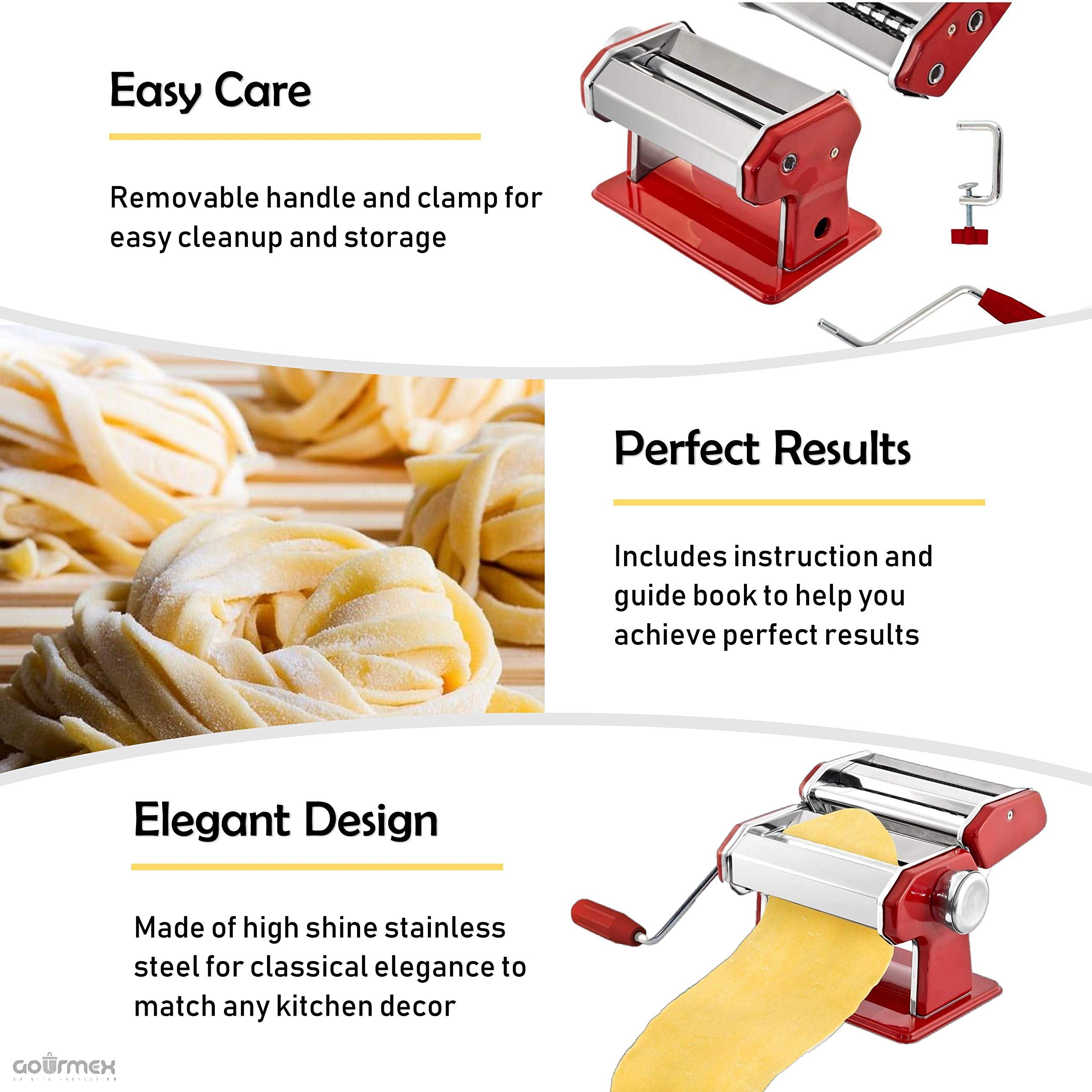 GOURMEX compact storage pasta maker with detachable handle and clamp.