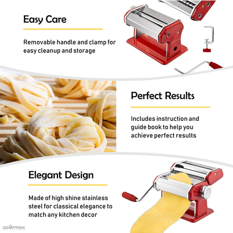 GOURMEX compact storage pasta maker with detachable handle and clamp.