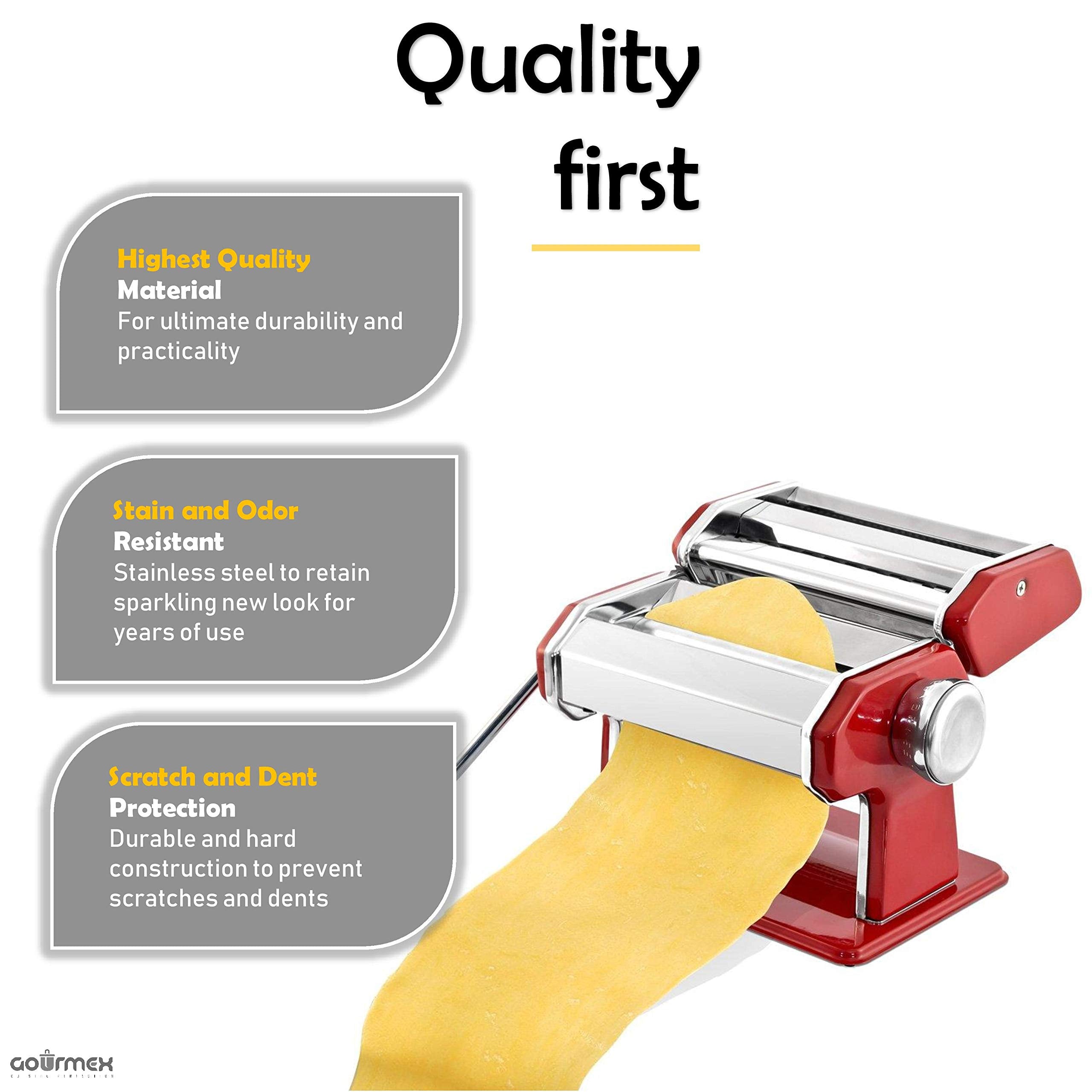GOURMEX pasta maker with double cutter head for spaghetti and fettuccine.