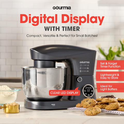 Gourmia 5-quart stand mixer with whisk attachment for airy whipped cream and frosting.