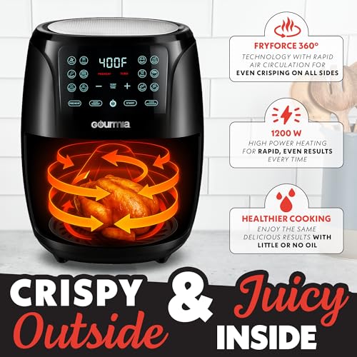 Gourmia air fryer oven 4qt crisper tray promotes golden fries and wings