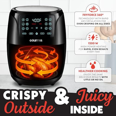 Gourmia air fryer oven 4qt crisper tray promotes golden fries and wings