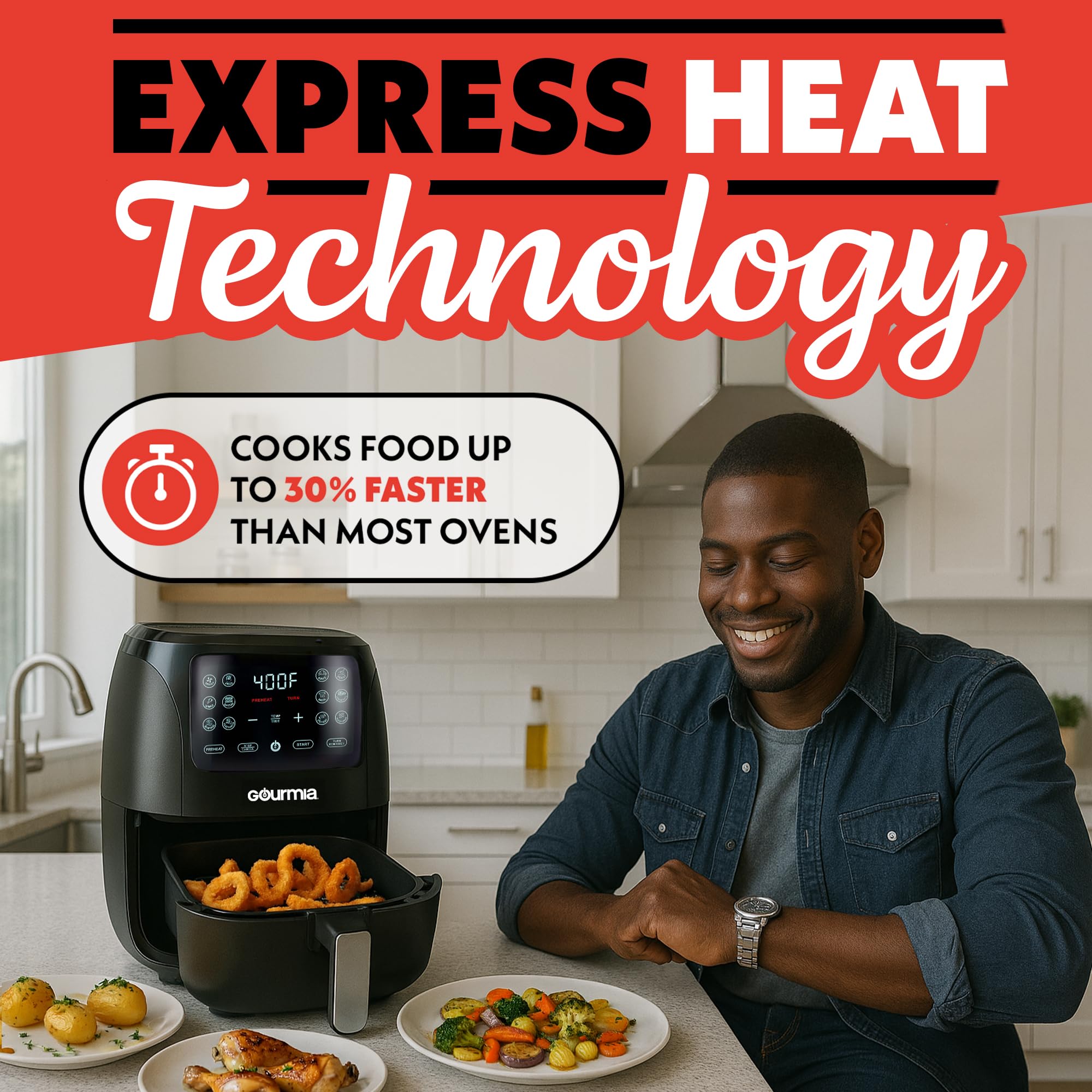 Gourmia air fryer oven 4qt side view highlights sleek black and stainless accents