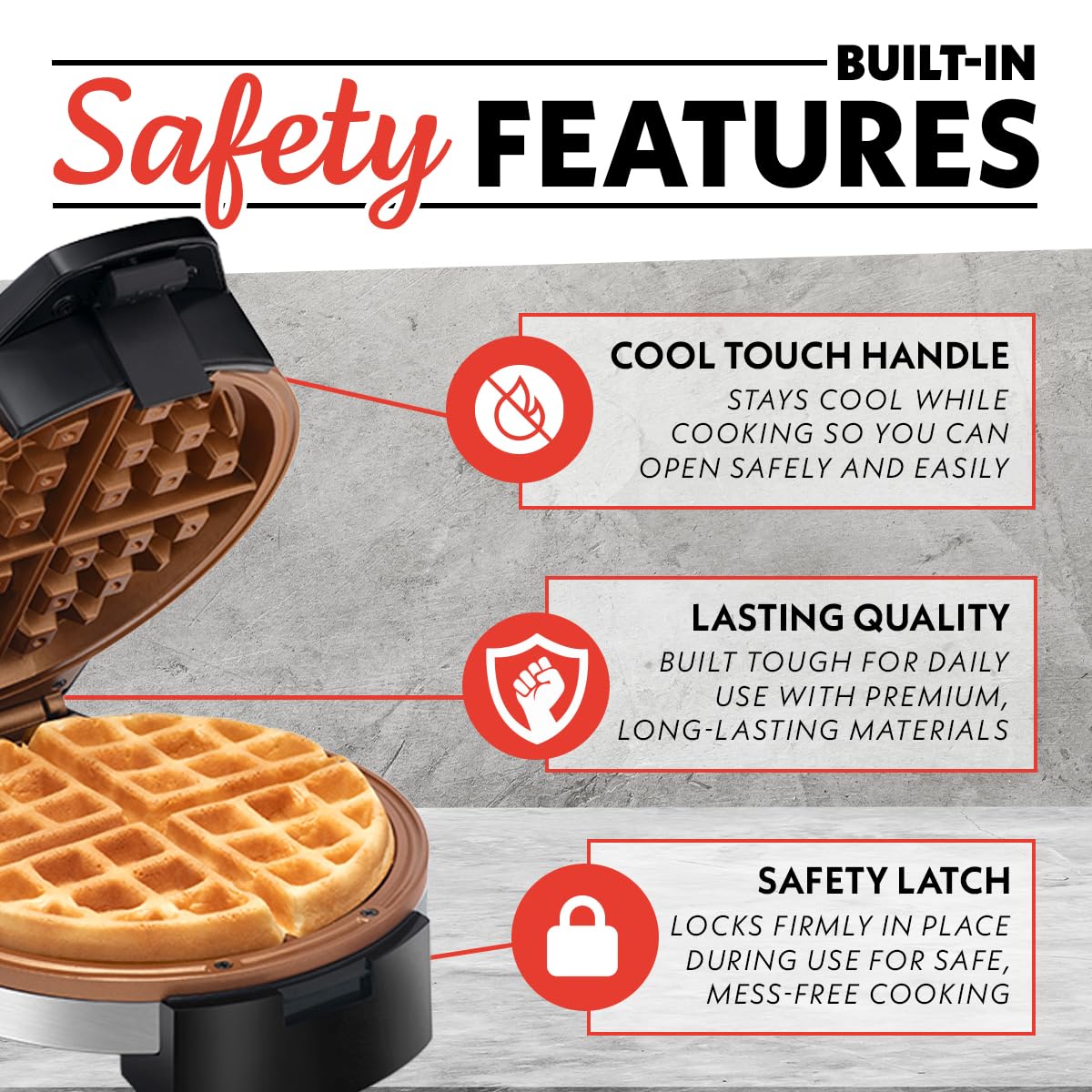 Gourmia waffle maker ceramic nonstick plates for easy waffle release.