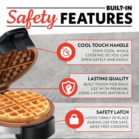 Gourmia waffle maker ceramic nonstick plates for easy waffle release.