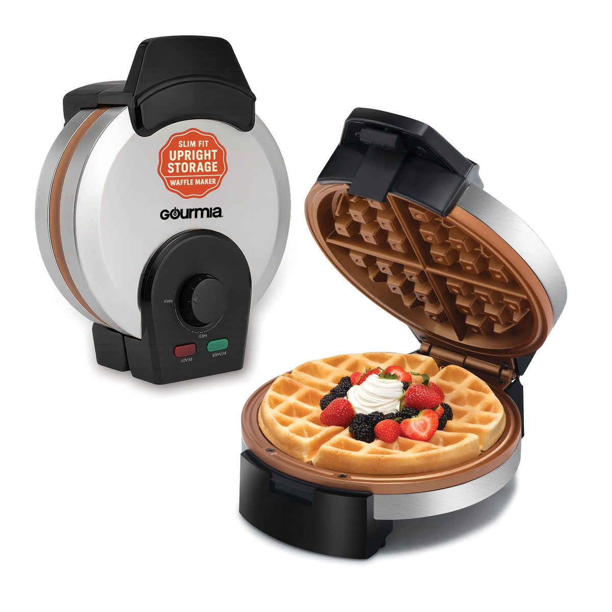 Gourmia Belgian Waffle Maker with deep grid for thick, syrup-friendly waffles.