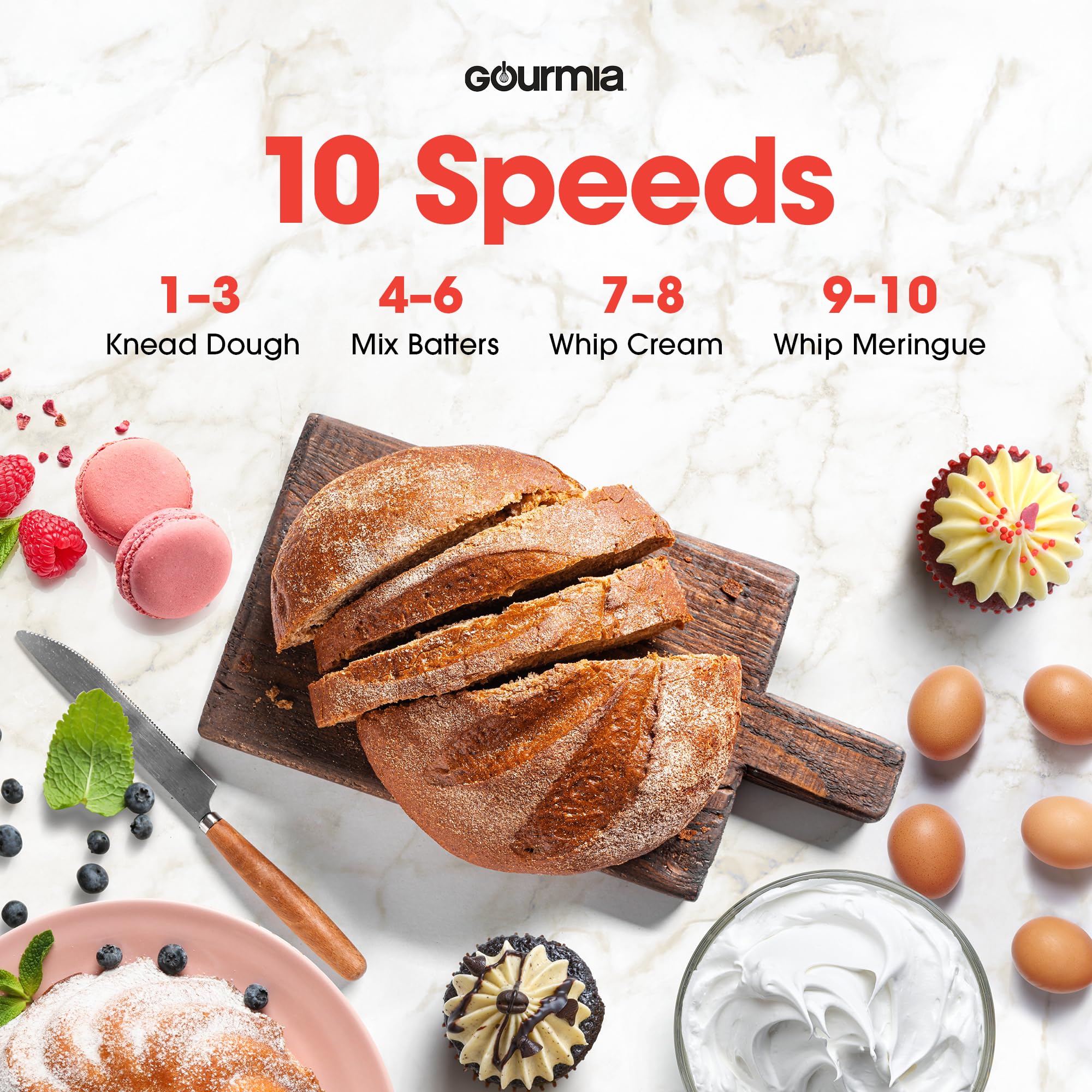 Gourmia bowl shield keeps countertops clean during mixing.