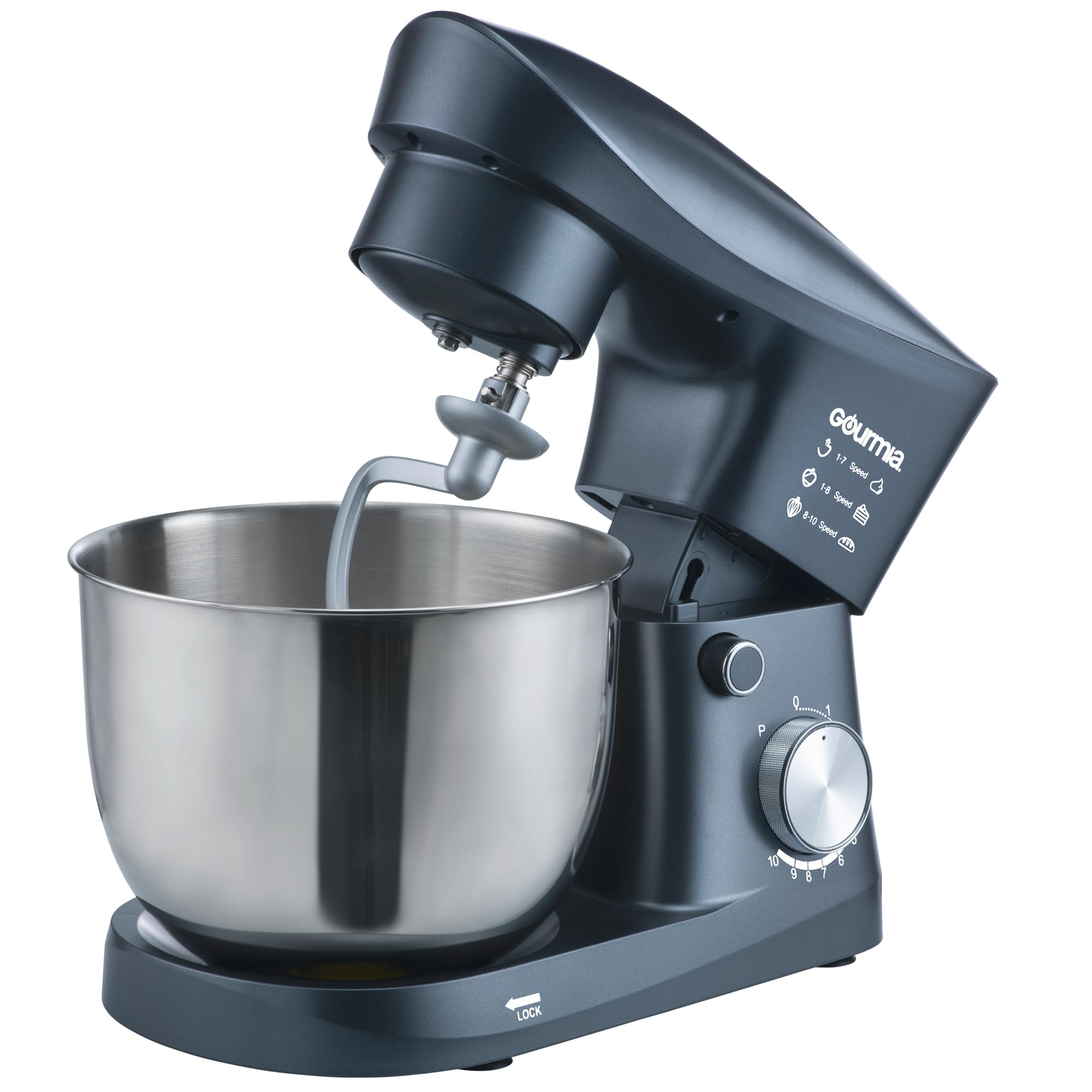 Gourmia stand mixer with dough hook for smooth bread and cookie dough.