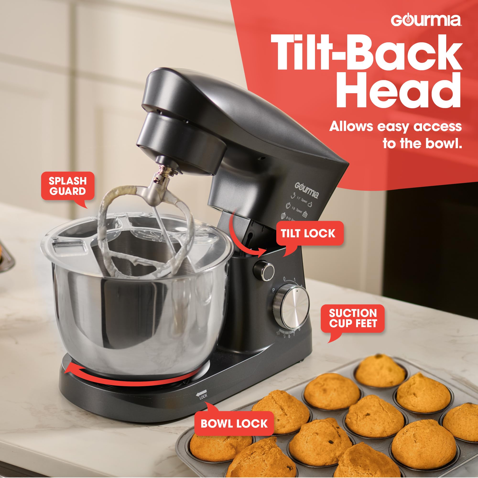 Gourmia stand mixer whisk attachment for light, fluffy whipped cream and meringue.