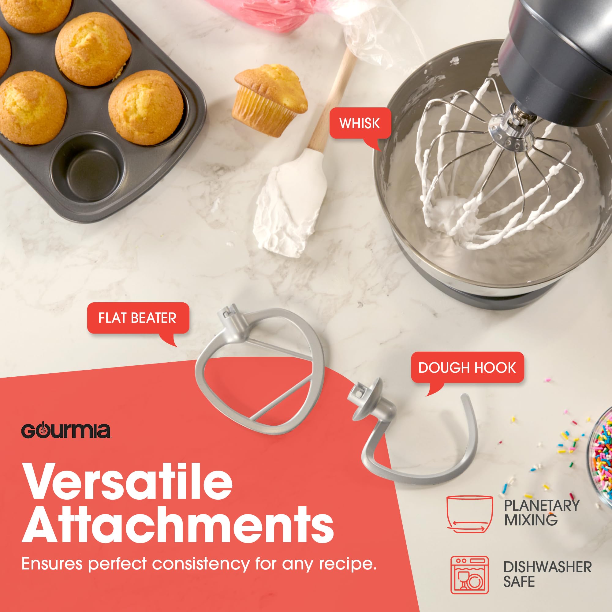 Gourmia bowl shield on 5-quart mixer keeps counters clean.