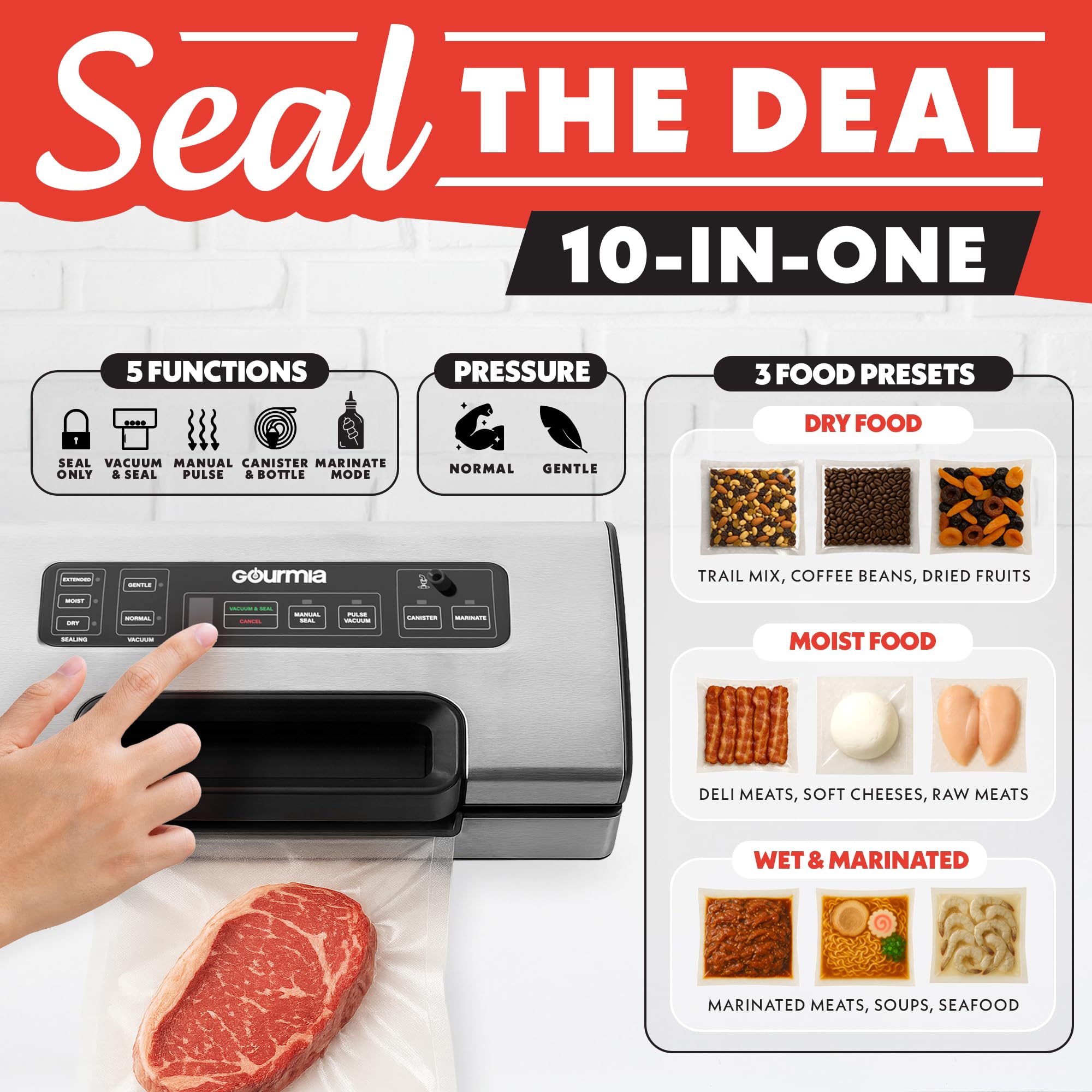 Gourmia vacuum sealer marinate mode shown with clear LED readout for flavoring