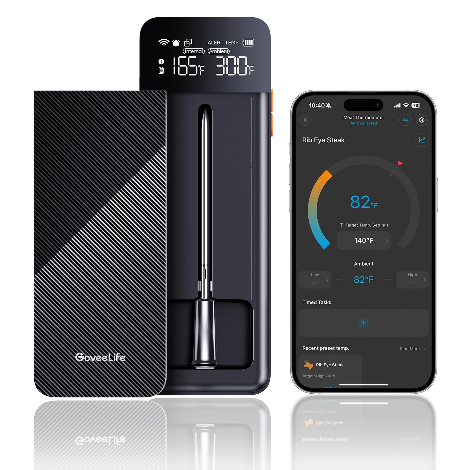 GoveeLife display base showing live temperature readouts for precise grilling.