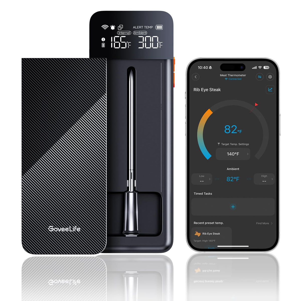 GoveeLife display base showing live temperature readouts for precise grilling.