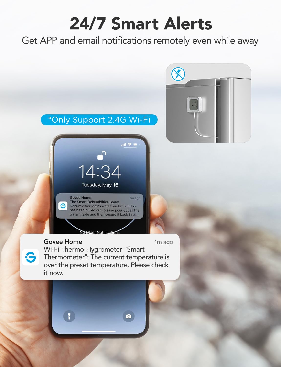 GoveeLife WiFi gateway and sensors with app alerts for continuous temperature tracking.