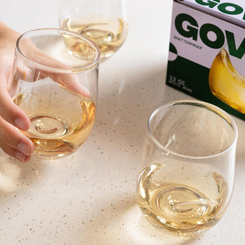 Govino 12oz stemless wine glass with trademark thumb notch for comfortable handling.