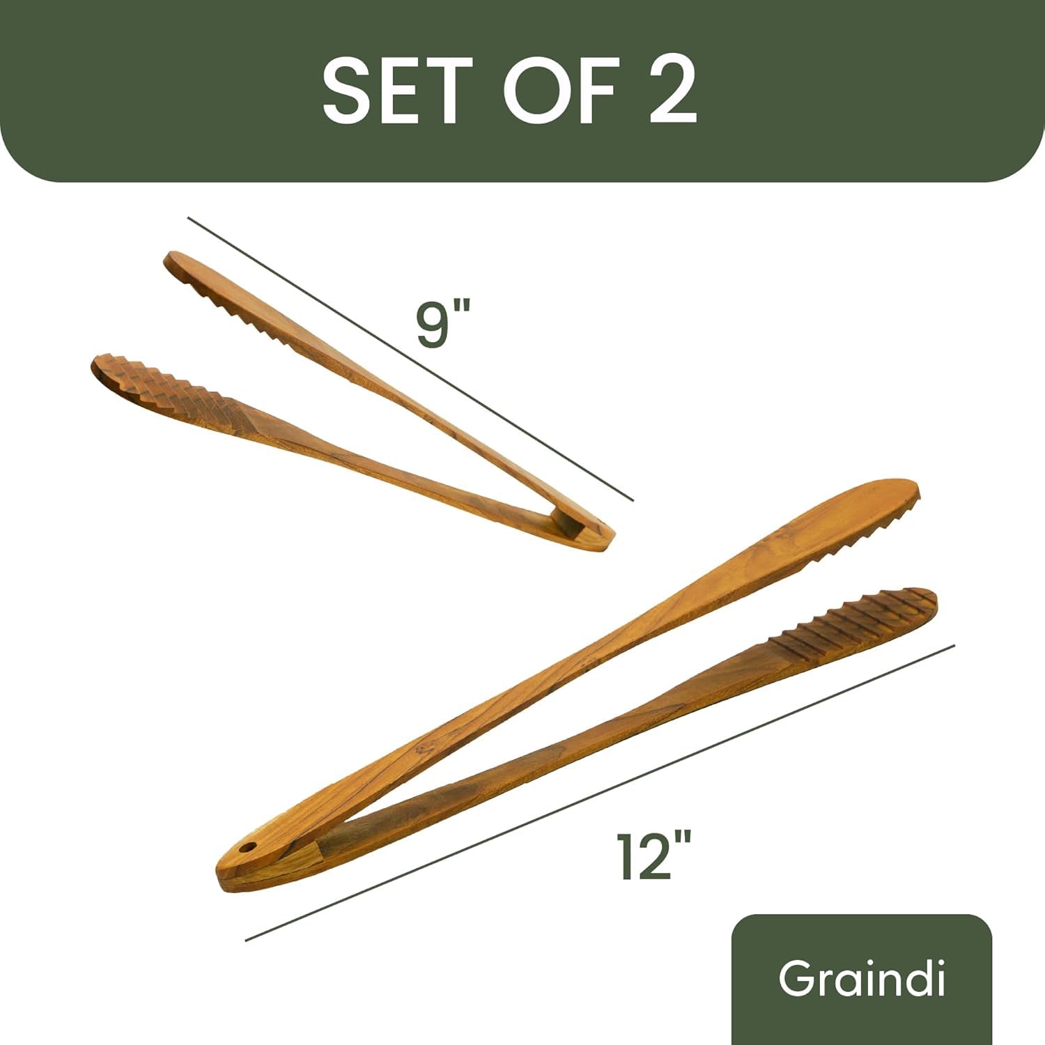 Graindi teak wood tongs 12-inch in action for larger servings.
