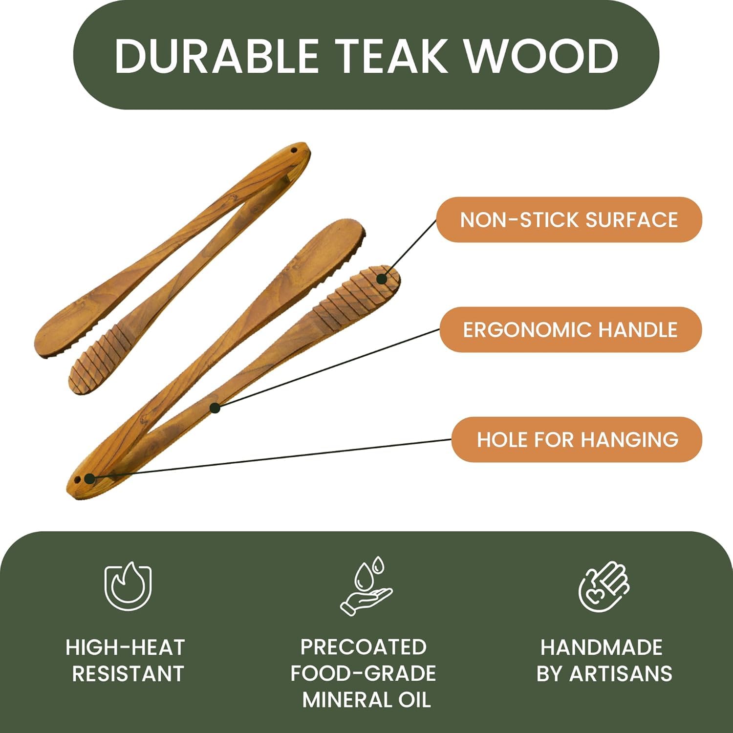Graindi teak tongs with ergonomic grip for easy handling.