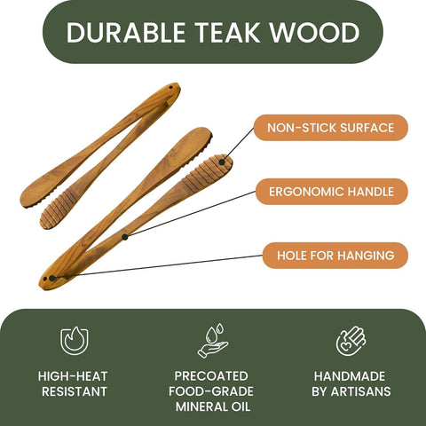 Graindi teak tongs with ergonomic grip for easy handling.