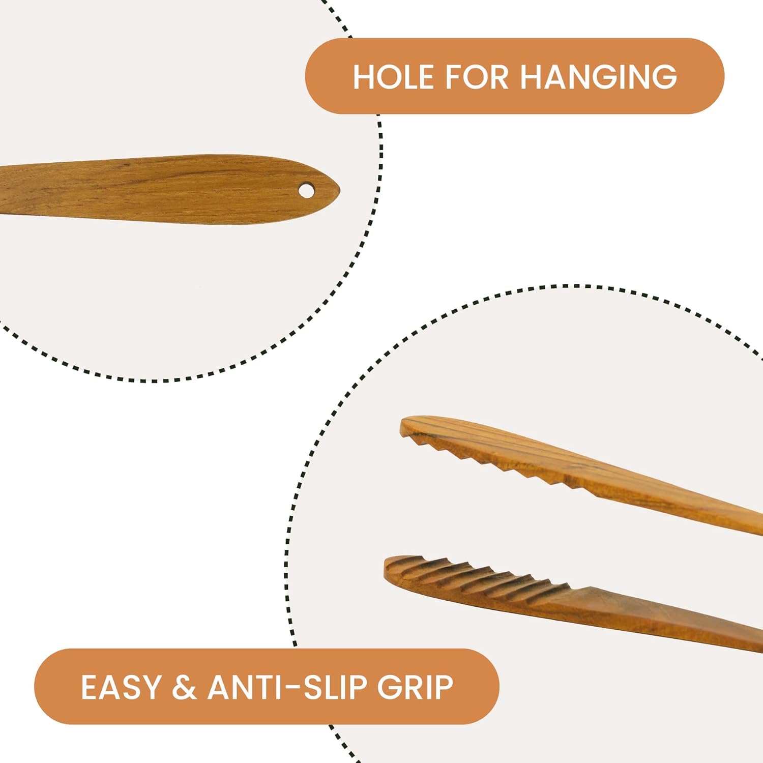 Graindi teak tongs non-stick design protects pans.