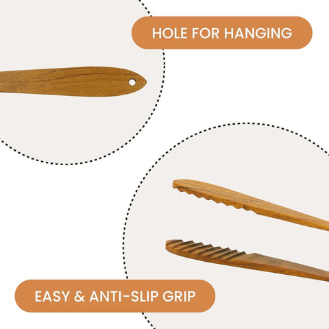 Graindi teak tongs non-stick design protects pans.