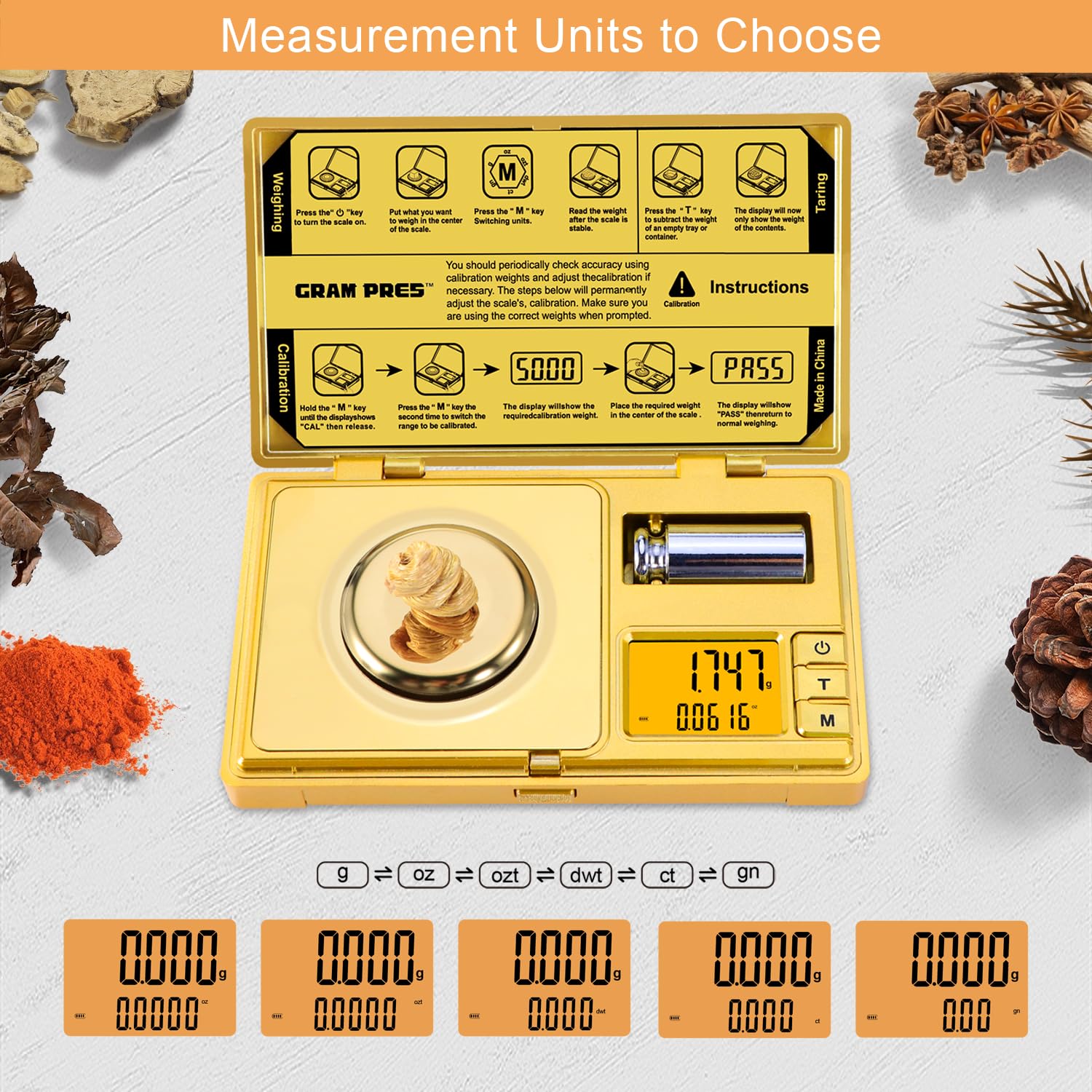 GRAM PRES accessories set includes tweezers, spoon, and tray for powders.