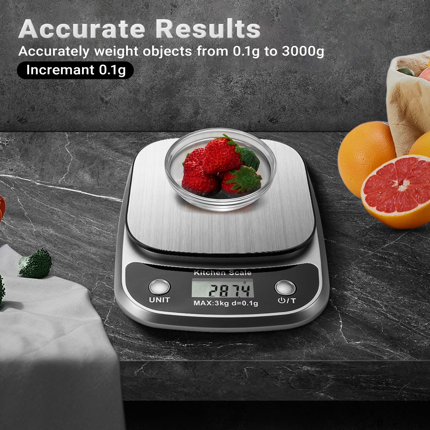 GRAM PRES digital display with backlit readability for easy kitchen measurements.