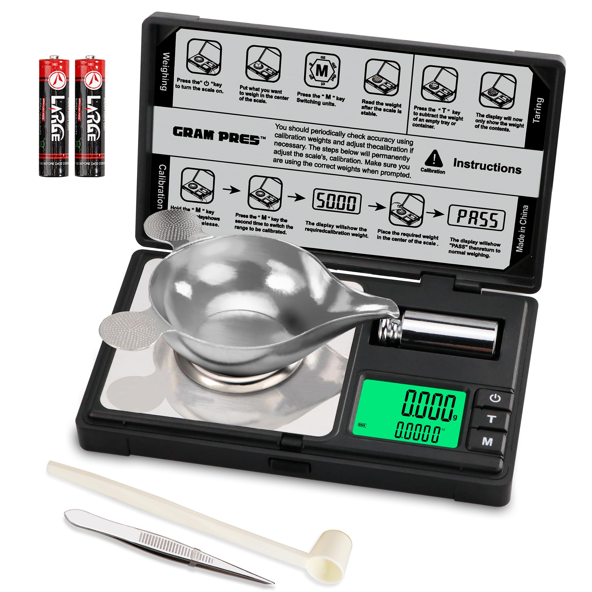 GRAM PRES high precision scale in front view for accurate jewelry and powder measurements.