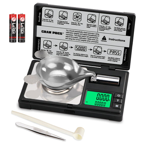 GRAM PRES high precision scale in front view for accurate jewelry and powder measurements.