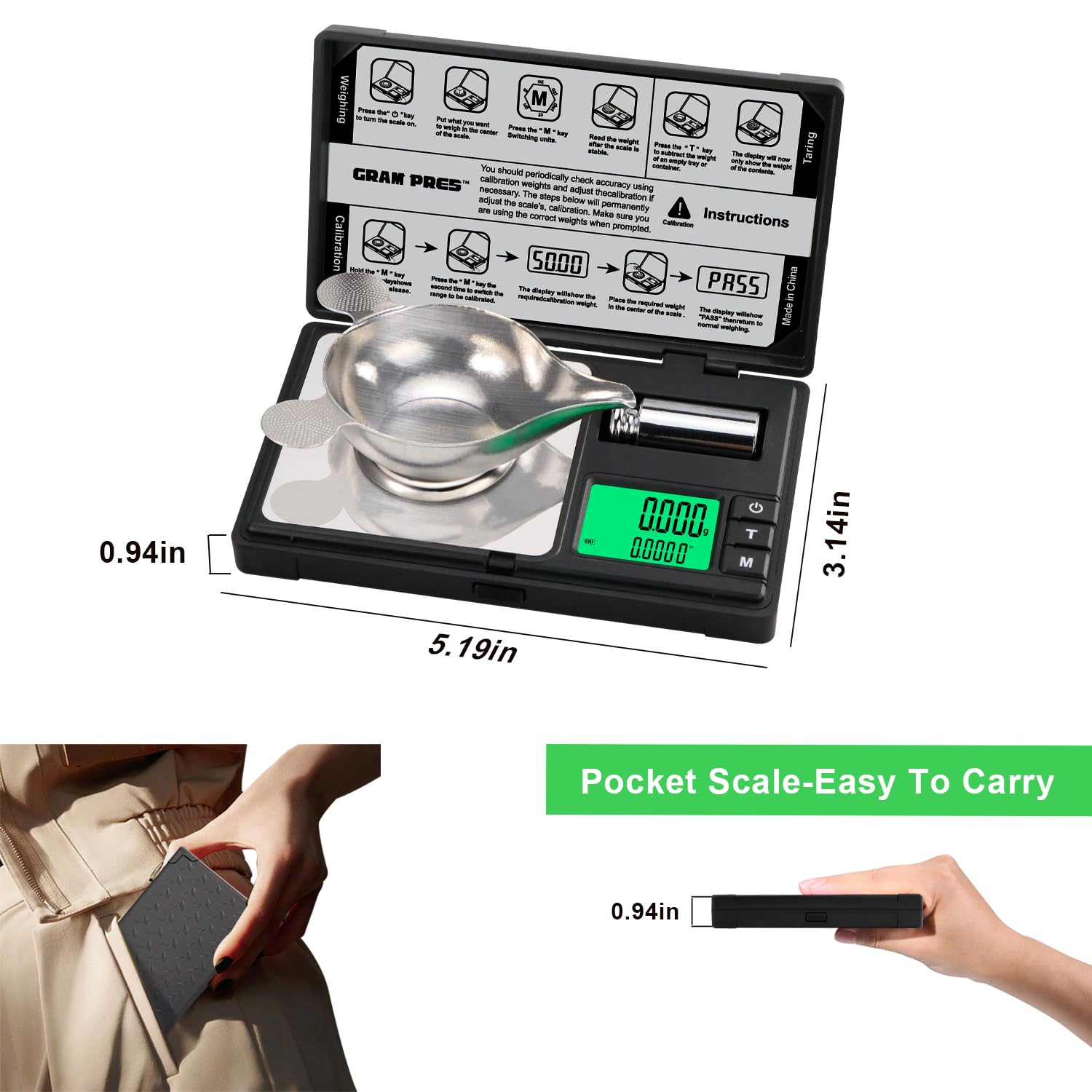 GRAM PRES kit includes tweezers, spoon, and pan for handling small items.