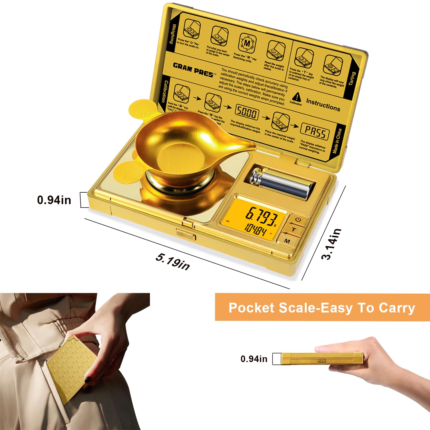 GRAM PRES pocket-size design fits easily in a bag for on-the-go weighing.