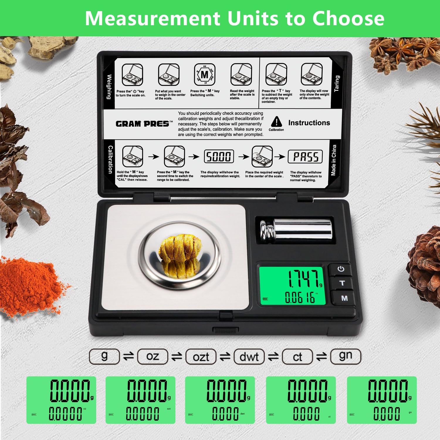 GRAM PRES scale with backlit display enabling easy reading in low light conditions.