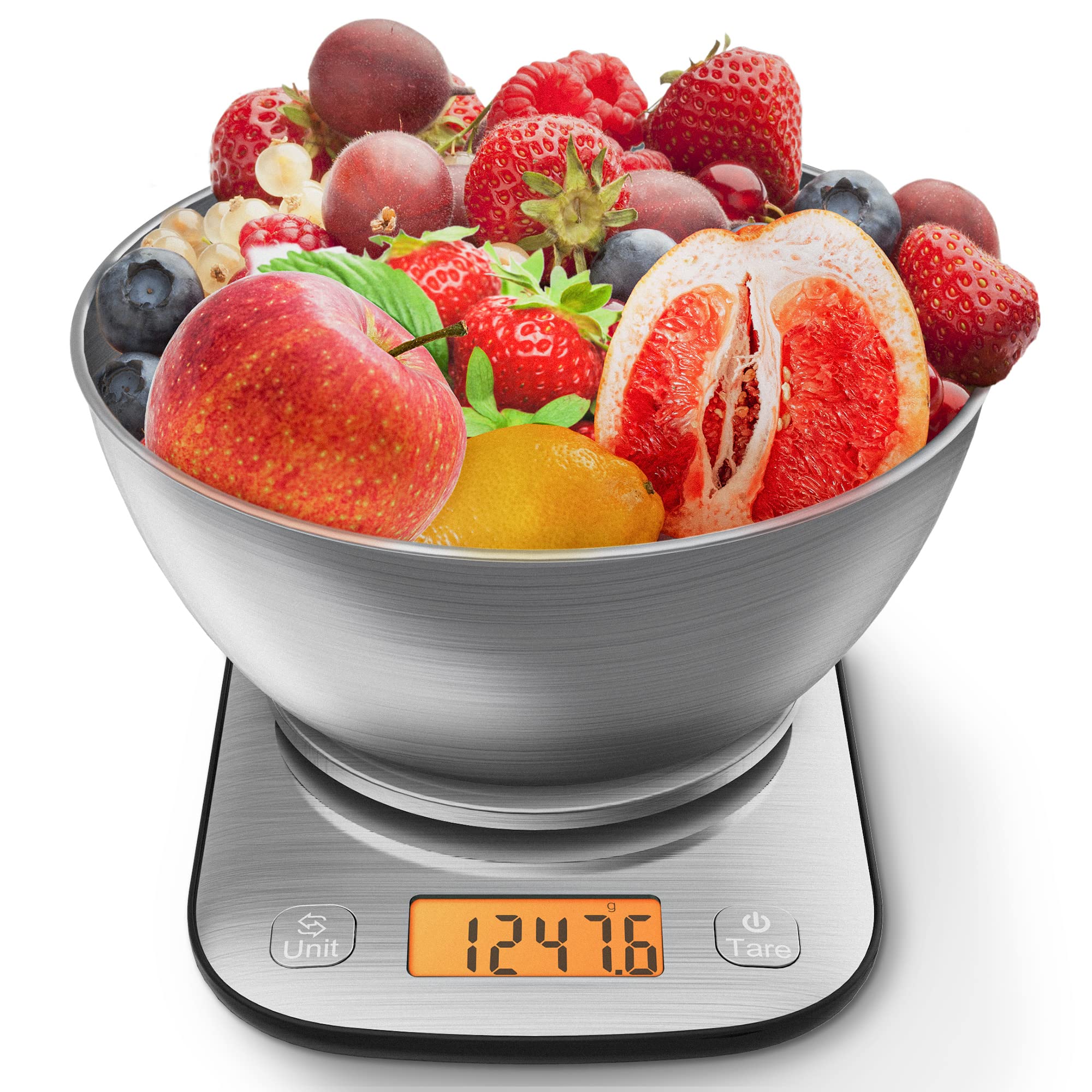 GRAM PRES stainless steel bowl with scale viewed from side, precise portions.
