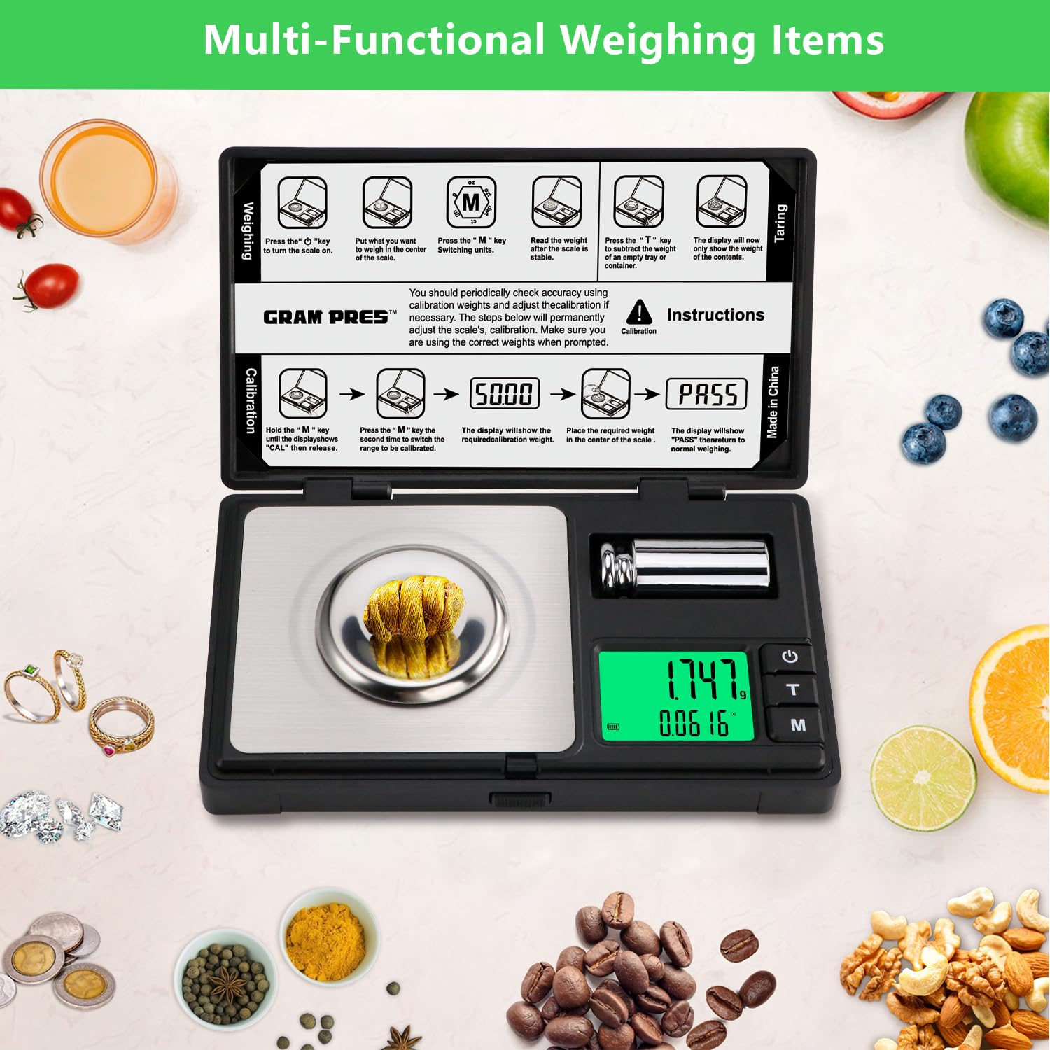 GRAM PRES tare function demonstrated for net-weight weighing of samples.