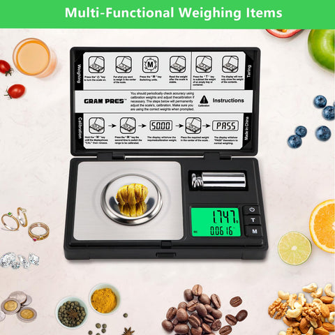 GRAM PRES tare function demonstrated for net-weight weighing of samples.