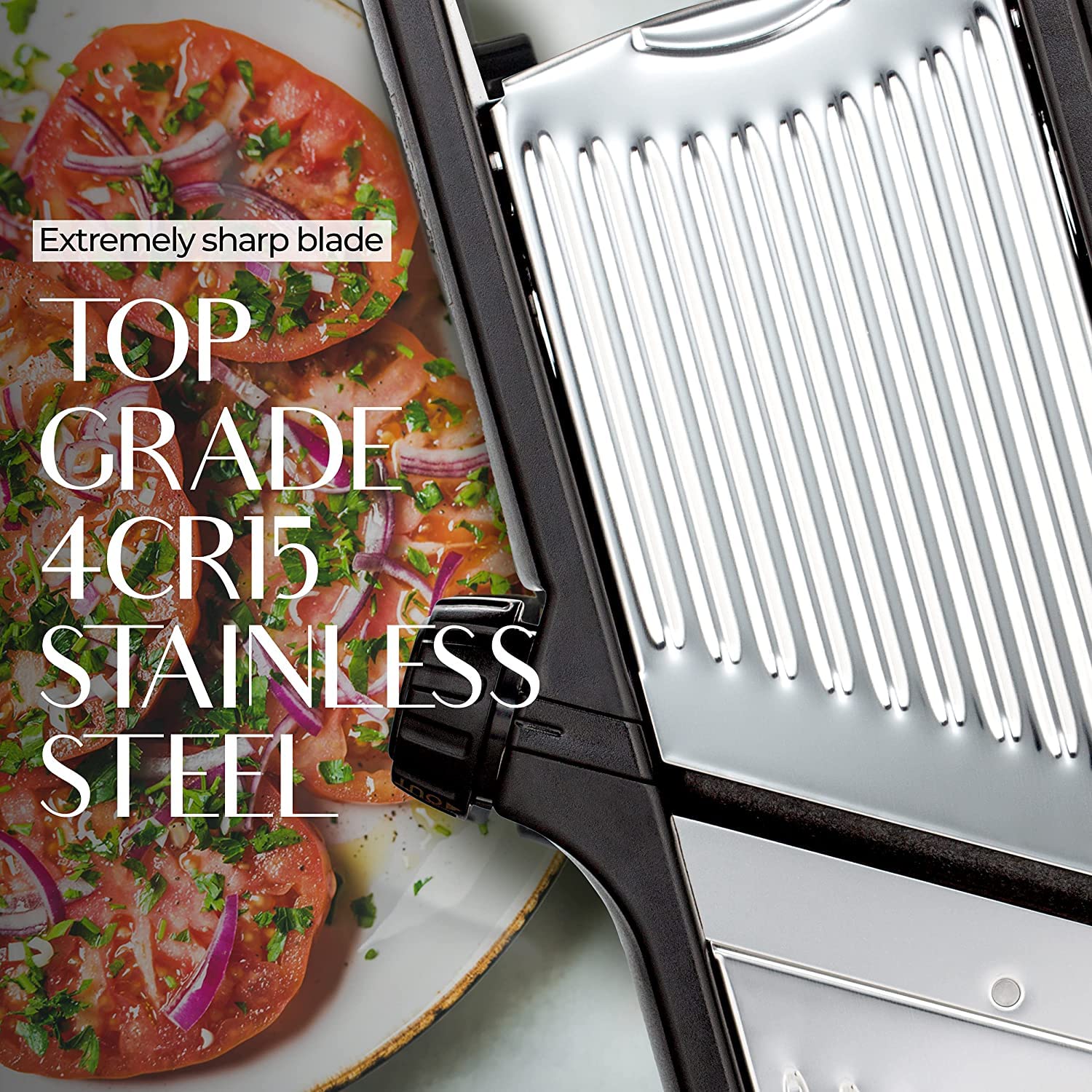 Gramercy mandoline shows 9 mm thickness guide for even potato slices