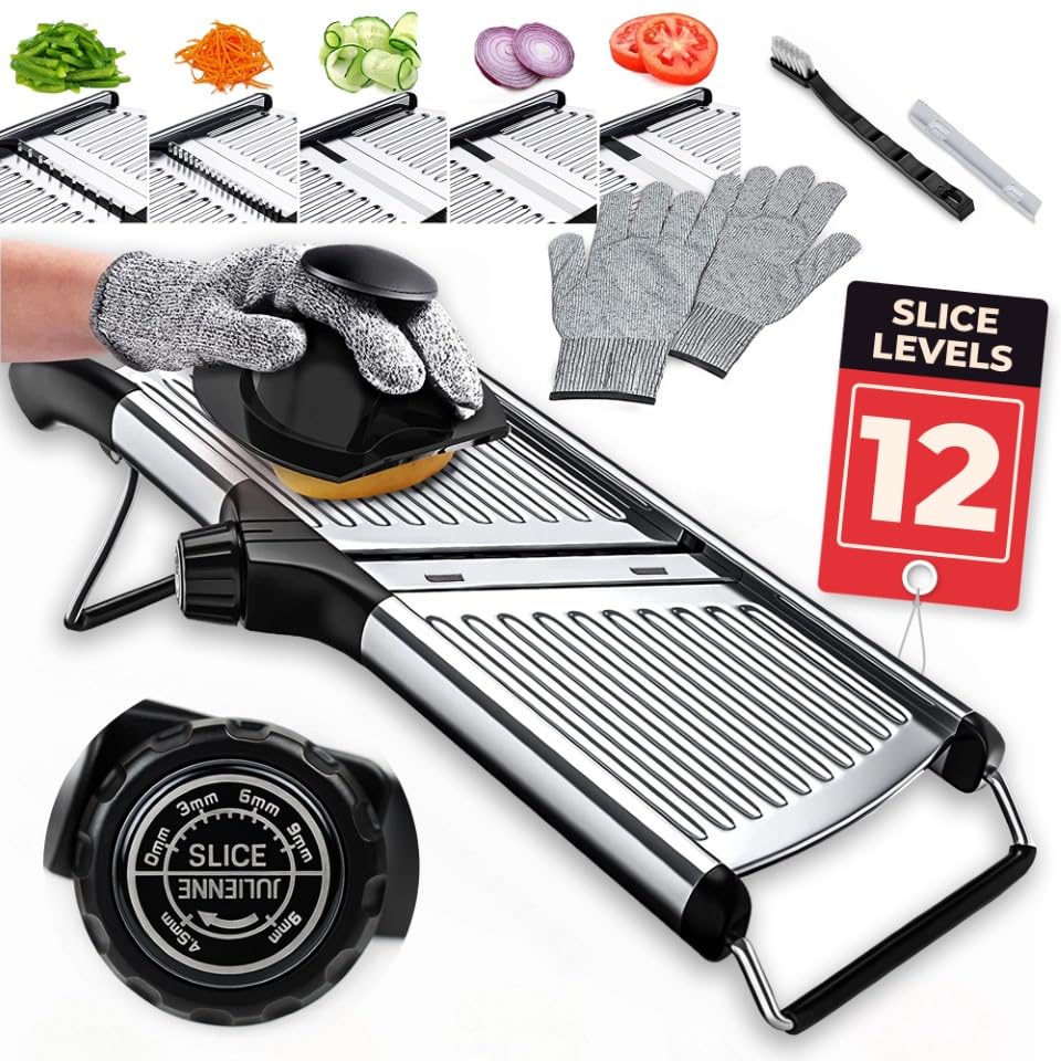 Gramercy adjustable mandoline slicer showing precise thickness control for uniform slices