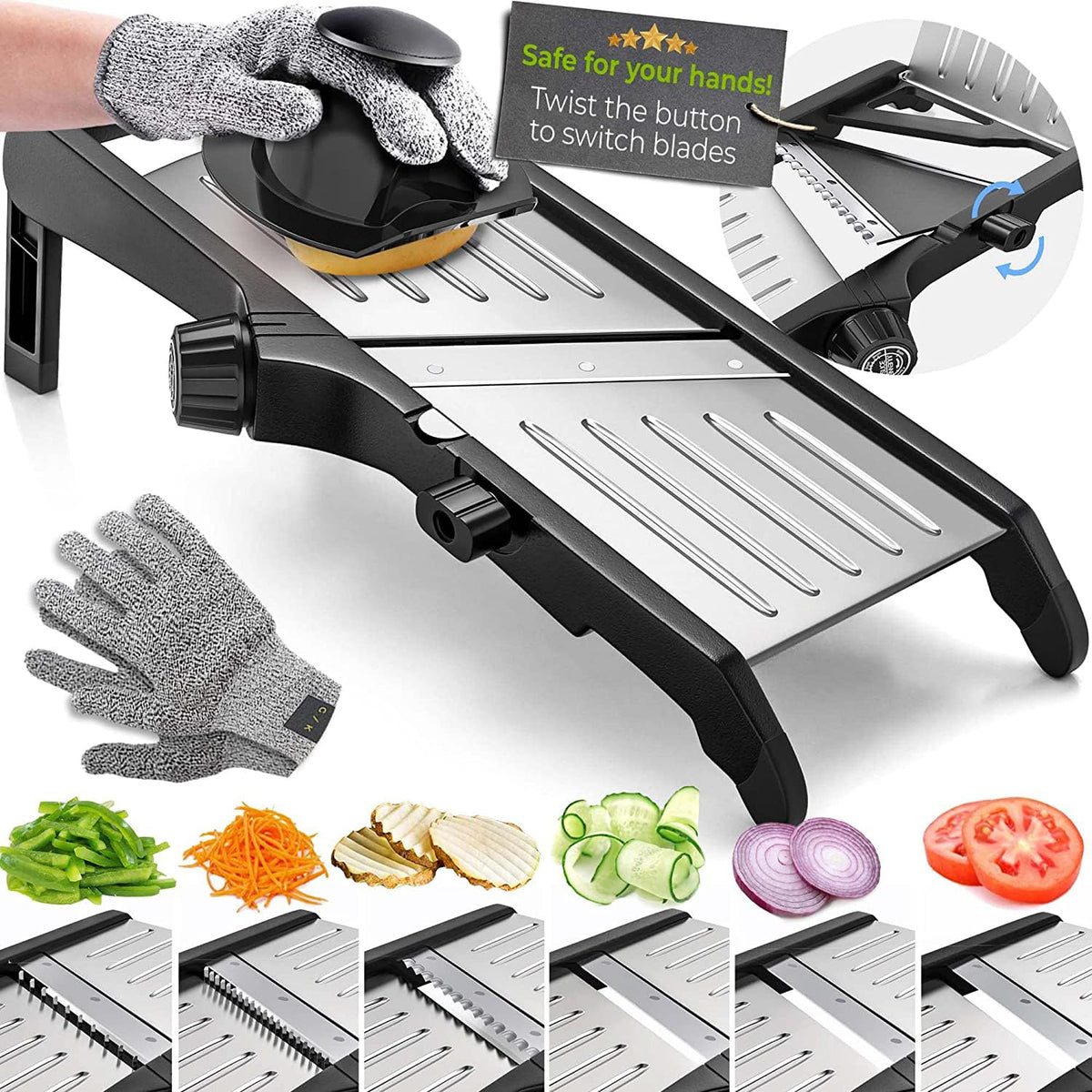 Gramercy Adjustable Mandoline Slicer demonstrates ultra thin slices for precise prep