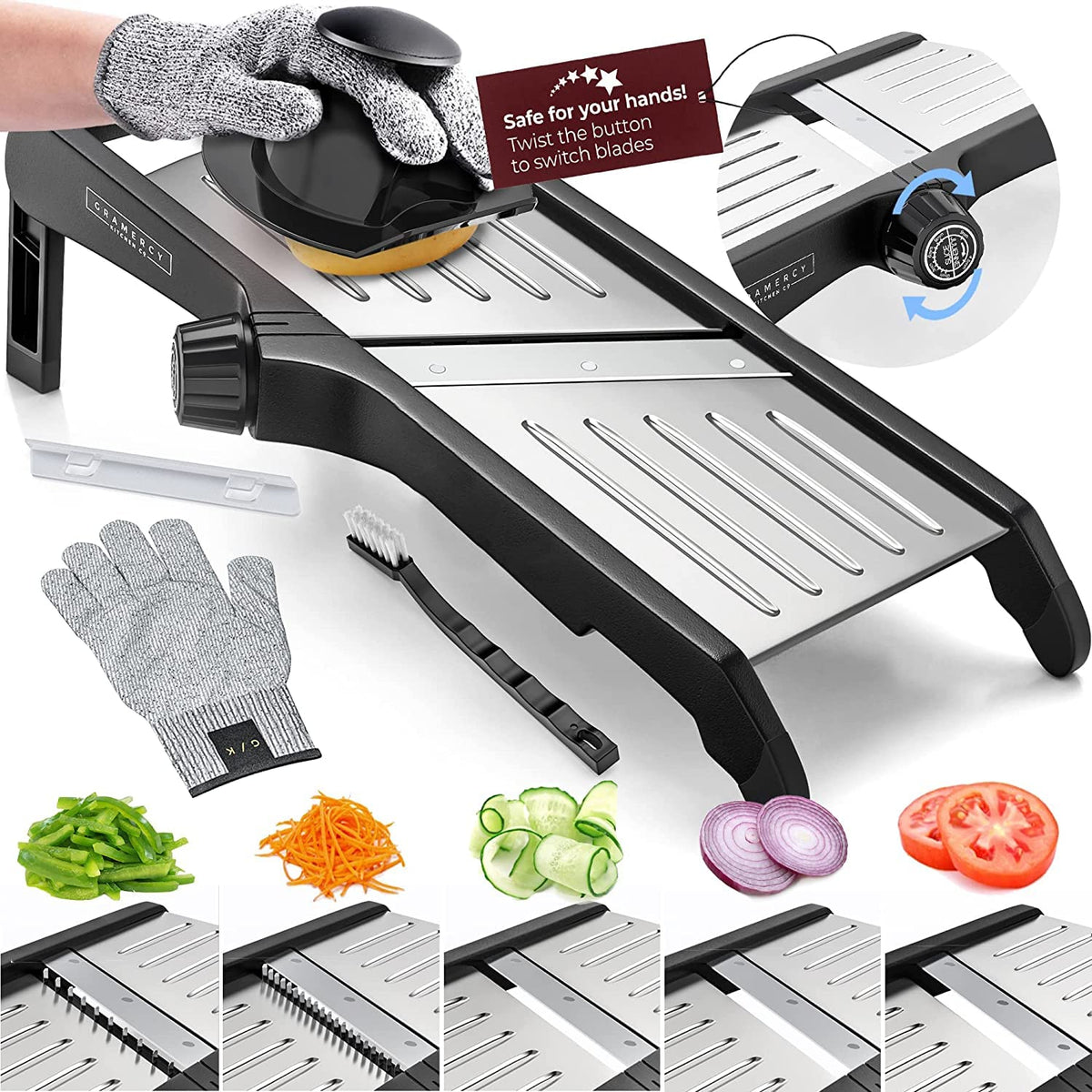 Gramercy Mandoline blade close-up showing a durable V-shaped blade for precise slices.
