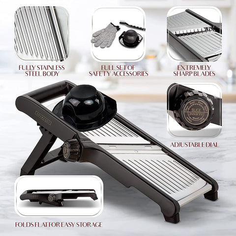 Ergonomic Gramercy Mandoline design sits comfortably in the hand during prep.