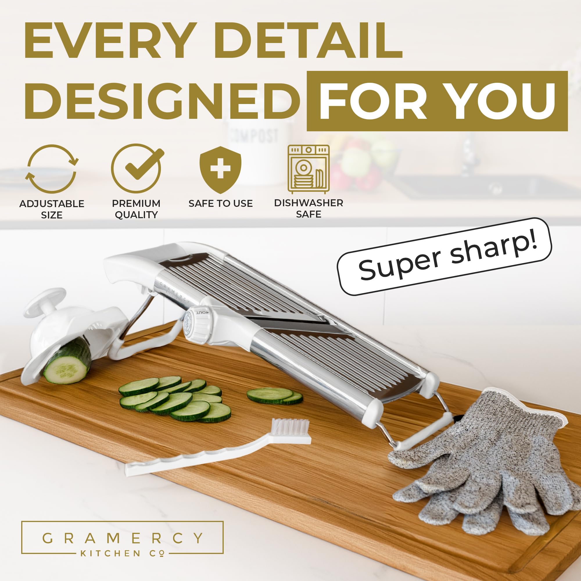 Gramercy Mandoline rotating blade demonstrates quick uniform cuts for potatoes and tomatoes.