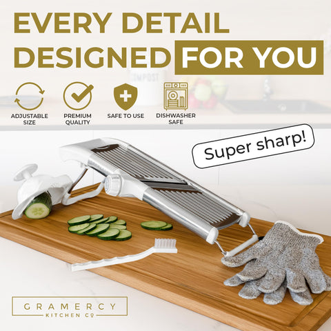 Gramercy Mandoline rotating blade demonstrates quick uniform cuts for potatoes and tomatoes.