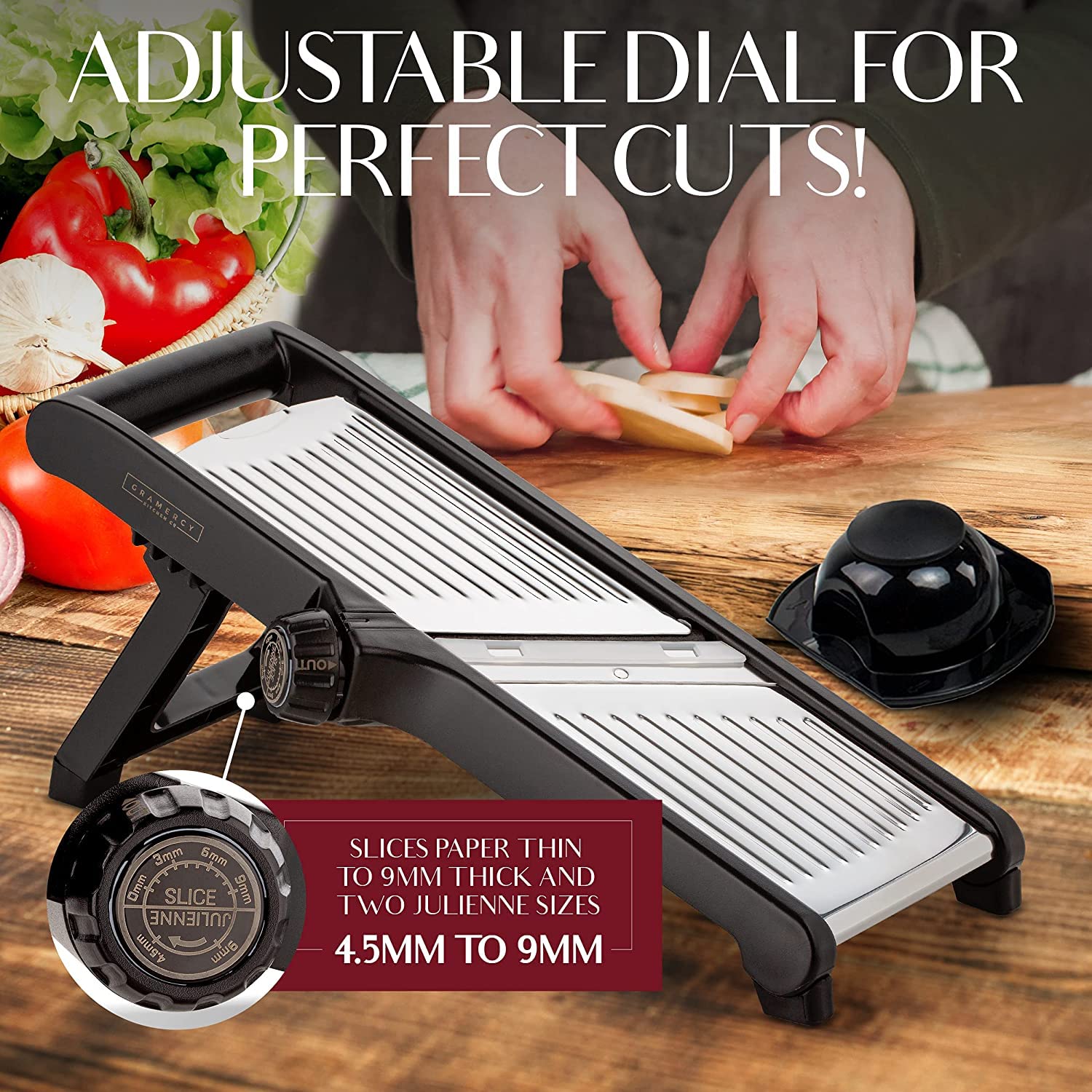 Vegetables being sliced by Gramercy Mandoline for uniform pieces and ribbons.