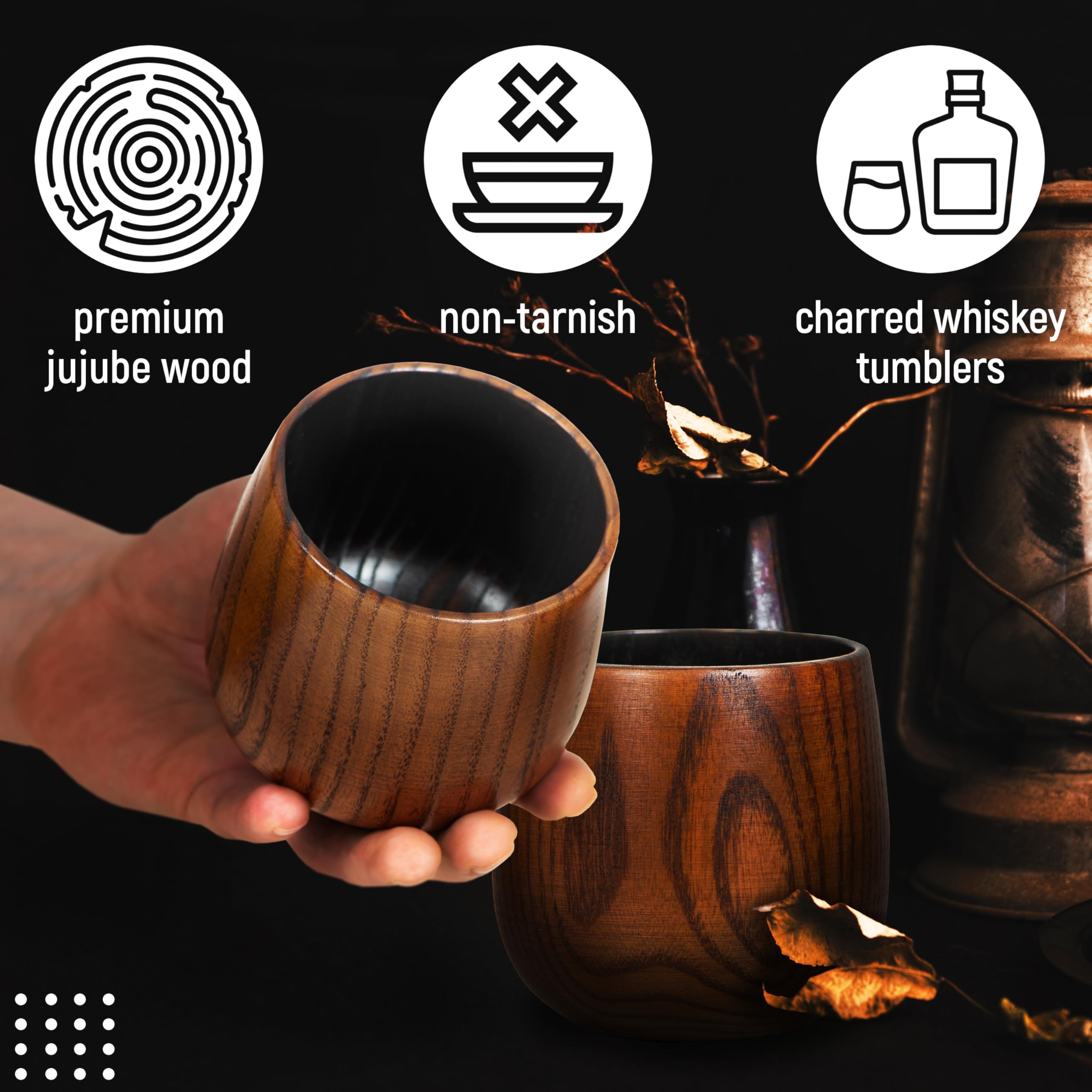Granatan wooden whiskey tumbler close-up charred finish shows grain