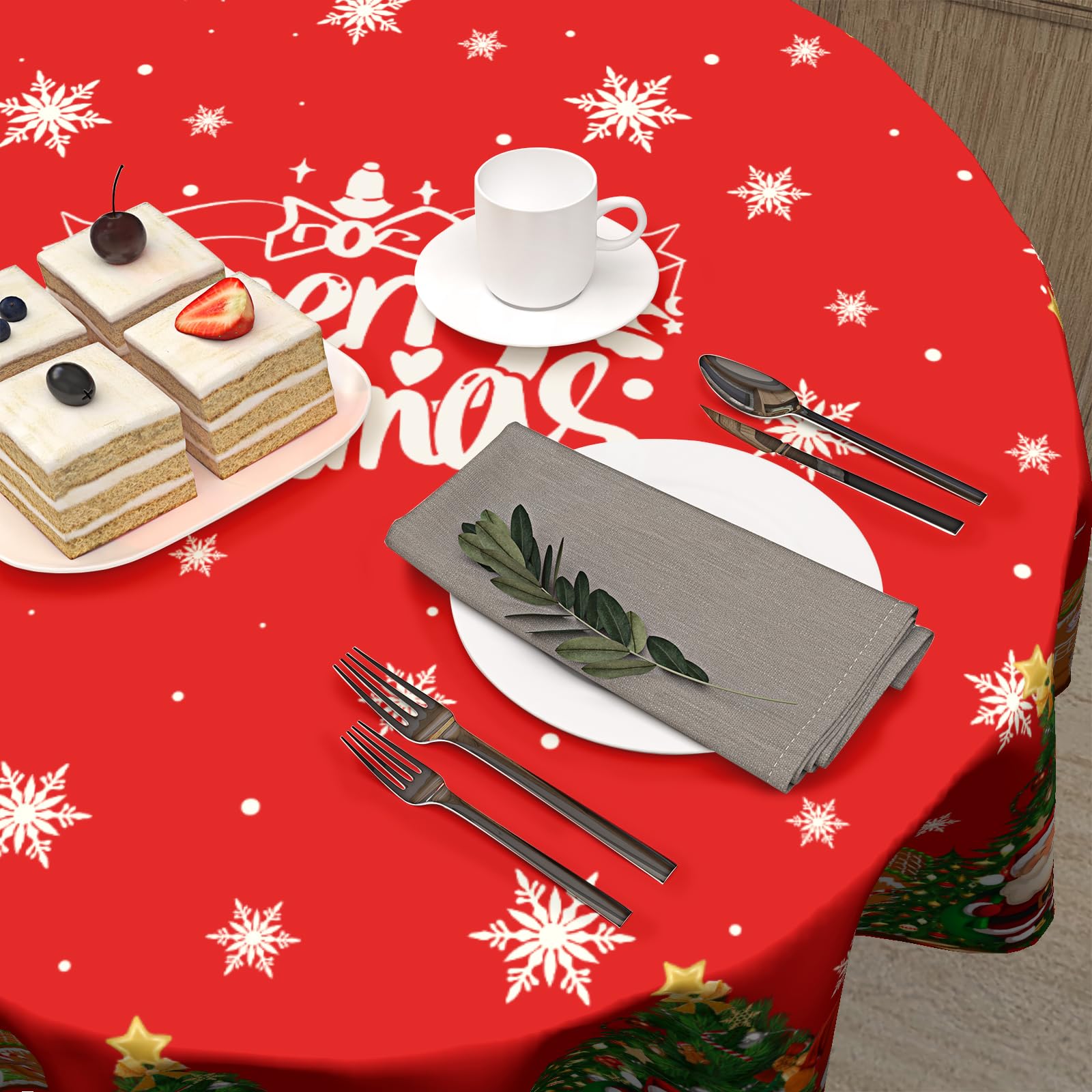 Granbey durable round tablecloth protects surfaces during meals.